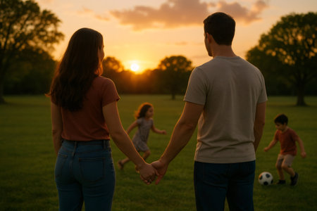 Parents holding hands and watching their two young children playing on a grassy field during a warm golden sunsetの素材