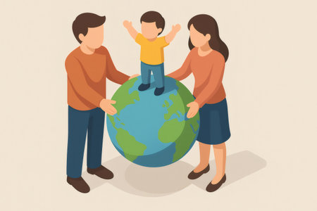 Family unit, including father, mother, and child, standing together and holding the planet Earth. Child is on top, celebratingの素材