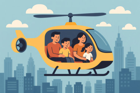 Family traveling together in a yellow helicopter above a city skyline, experiencing a joyful air journeyの素材