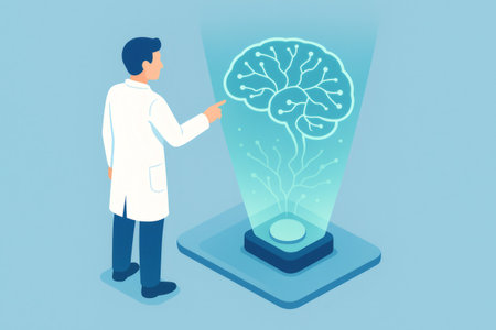 Scientist examining a holographic human brain projection, representing artificial intelligence, neural networks, and advanced technology researchの素材