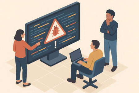 Three developers collaborating to fix a bug in programming code on a large monitor, solving a software problemの素材