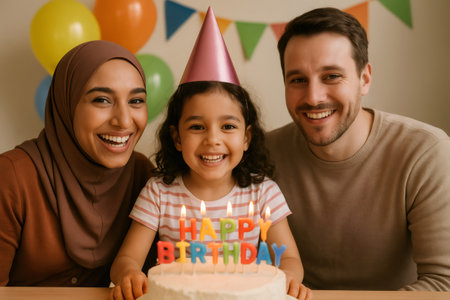Happy parents and smiling daughter with a birthday hat celebrating with a cake and colorful candles at homeの素材