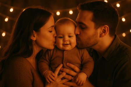 Parents showing love to their baby, kissing each cheek, baby smiling. Family moments under string lightsの素材