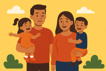 Parents standing together holding smiling young boy and girl, joyful family bonding outdoors, warmth and togetherness preservedの素材