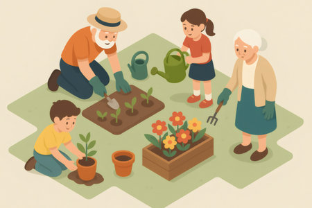 Grandparents and grandchildren spending time together, planting seedlings and watering flowers in a home gardenの素材
