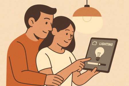 Young couple managing smart lighting settings in their home using a digital tablet, demonstrating modern connected livingの素材