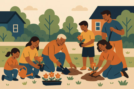 Multiple generations participating in an outdoor community gardening project, planting flowers in a park or shared neighborhood spaceの素材