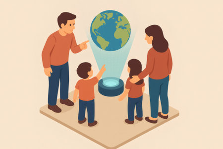 Family engaging with a holographic Earth projection, learning about environmental sustainability and modern geography educationの素材