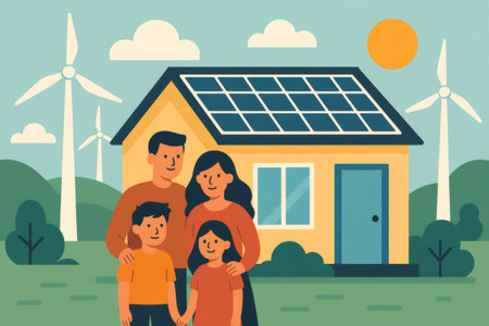 Happy family standing in front of their eco friendly home powered by solar panels and wind turbines, promoting clean energyの素材