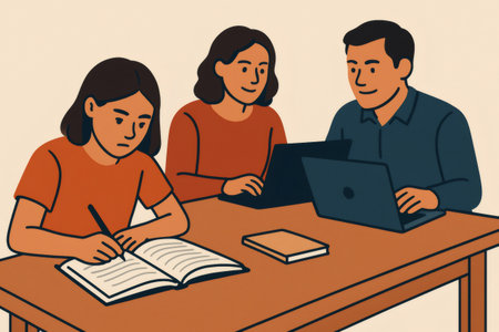 Family unit collaborating at a table, with a child studying and parents engaged in work on laptopsの素材