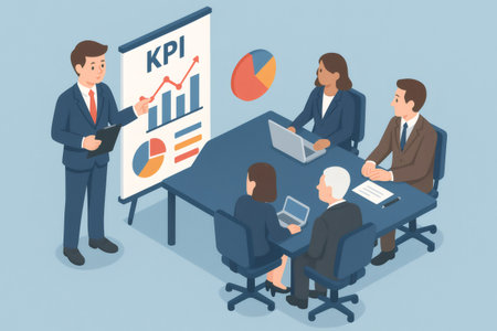 Business executive presenting key performance indicator data to a diverse team in an isometric corporate meeting roomの素材