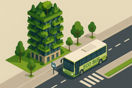 Isometric illustration representing urban green living with sustainable public transportation and eco friendly architectureの素材