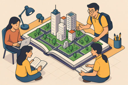 Young people studying sustainable city development, analyzing an architectural model, and discussing future urban solutions for smart citiesの素材