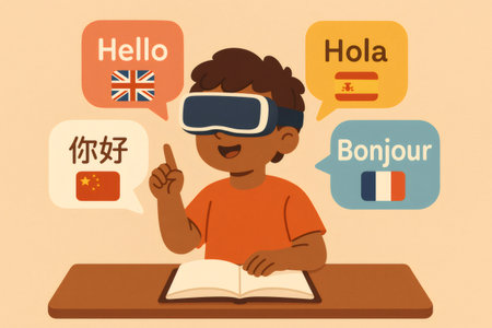 Child wearing augmented reality headset, actively learning foreign languages with speech bubbles for global education conceptの素材
