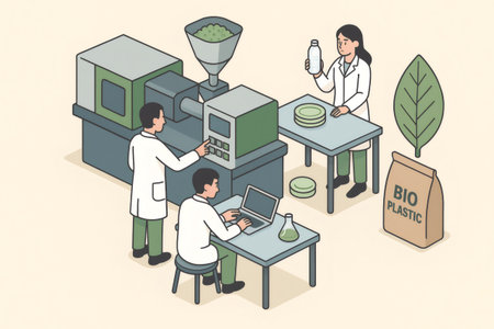 Researchers working on bioplastic production process, checking the quality of eco friendly plastic bottles and analyzing data on laptopの素材