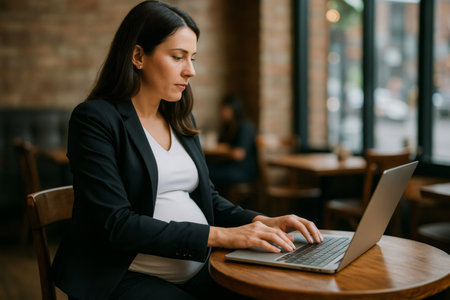 Pregnant businesswoman concentrating on her modern laptop in a stylish cafe, balancing professional life with upcoming maternityの素材