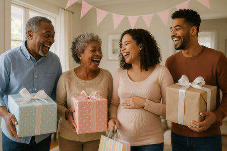 Happy multi generational family members laughing, holding gifts, and celebrating a joyous baby shower for the expecting parentsの素材