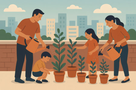 Family members watering and caring for potted plants on a city rooftop garden, fostering green living and sustainable practicesの素材