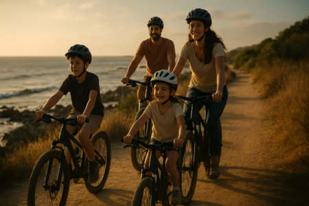 Happy family riding bicycles together on a dusty trail next to the ocean, bonding during an outdoor leisure activityの素材