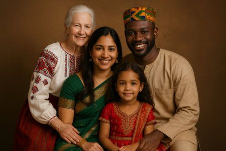 Smiling multi ethnic family members from different generations posing together, representing cultural richness and happy connectionsの素材