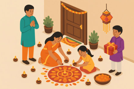 Indian family performing festive rituals, lighting traditional oil lamps and decorating a rangoli pattern for a cultural celebrationの素材