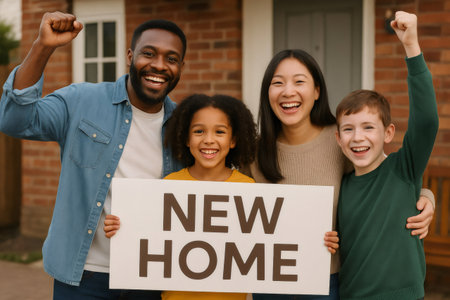 Excited family smiling and raising fists, holding a New Home sign in front of their new house, celebrating successful moveの素材