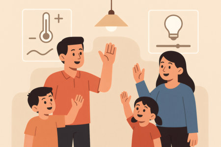 Family showing appreciation for comfortable modern living conditions, controlling home environment with integrated smart technologyの素材
