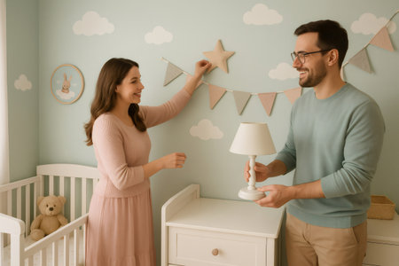 Happy couple arranging decorations and furniture in a light and airy nursery, looking forward to welcoming new babyの素材