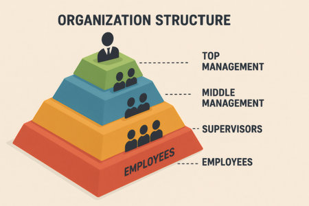 Organization structure pyramid illustrating corporate hierarchy with levels like top management, middle management, supervisors, and employeesの素材
