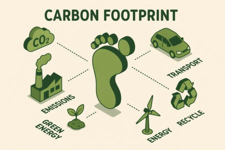 Carbon footprint infographic illustrating sources of greenhouse gas emissions, transport, recycling, renewable energy, and green initiativesの素材