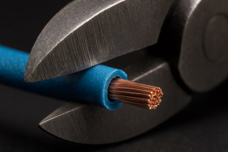 Pliers blades preparing to cut through blue insulated electrical copper wire, symbolizing connection, repair, and engineeringの素材