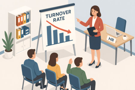 Businesswoman presenting a negative turnover rate graph to colleagues in a meeting, showing human resources conceptの素材