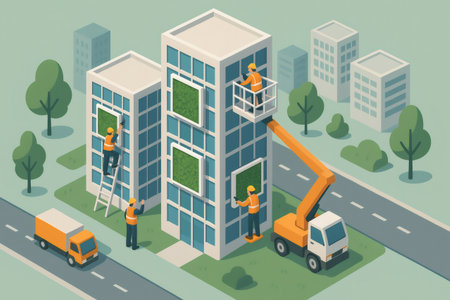 City workers installing vertical gardens on building facades for air purification, improving urban environmental sustainabilityの素材