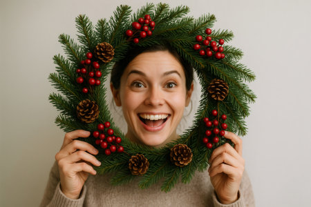 Happy woman holding a beautiful decorated Christmas wreath, looking excitedly at camera, symbolizing holiday joy and celebrationの素材