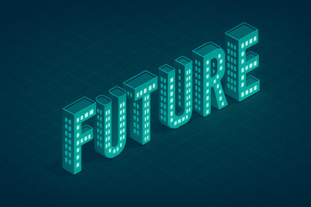 Word Future rendered as glowing isometric city buildings, symbolizing urban development, technology, and innovationの素材