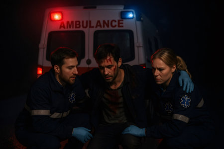 Emergency medical team assisting an injured male patient at a night accident scene, providing first aid and supportの素材