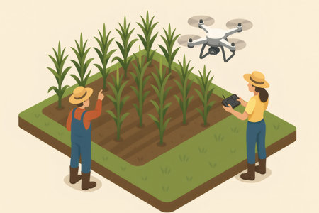 Farmers are utilizing a drone for smart farming, overseeing crop health and field conditions with modern agricultural technologyの素材