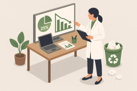 Scientist wearing a lab coat analyzing decreasing waste data on a monitor, focusing on recycling and environmental sustainabilityの素材