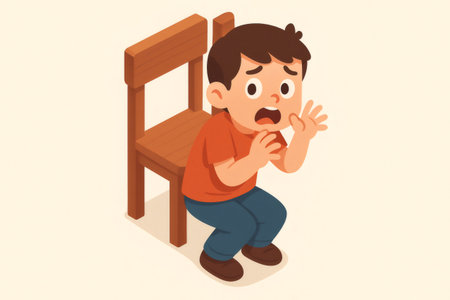 Boy peeking from behind a chair, started and shy during a hide and seek moment, showing childhood fear and playful surpriseの素材