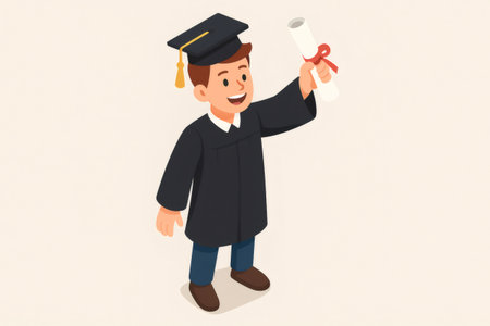 Smiling male student wearing a graduation cap and gown, proudly holding up his academic diploma after completing studiesの素材
