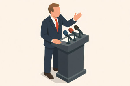 Businessman delivering a speech at a podium with multiple microphones, representing public communication, media events, or political discourseの素材