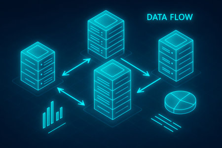 Server racks forming a digital network, illustrating data transfer, cloud computing, and information exchange on a dark backgroundの素材