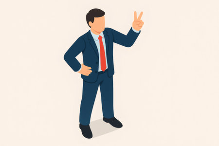 Confident business man making a victory gesture, symbolizing success, achievement, and leadership in a professional environmentの素材