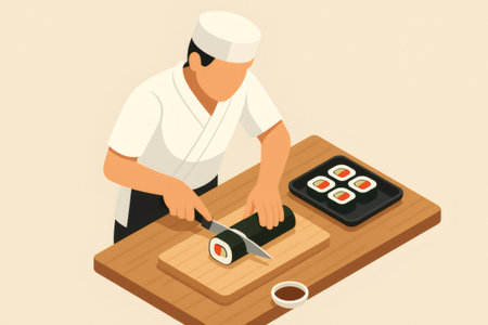 Professional chef preparing traditional Japanese maki rolls with precision in a restaurant kitchen, demonstrating culinary expertiseの素材