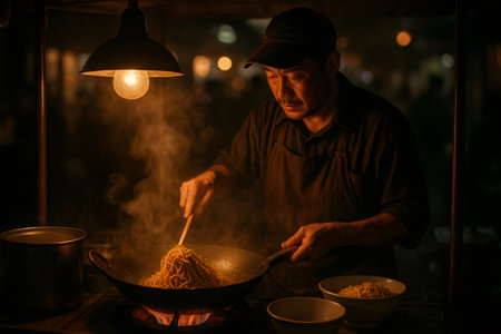 Street vendor expertly preparing fresh stir fried noodles under warm light, steam rising from the hot wok, serving traditional Asian cuisineの素材
