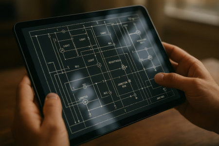 Hands holding a tablet with a digital blueprint displaying an electrical schematic with circuit components and wiring diagramの素材