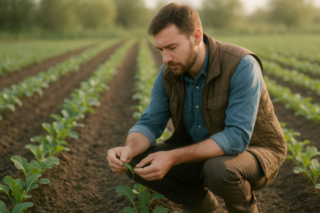Farmer carefully checking the health and growth of young plants in rows. Concept of agriculture, food production, and quality controlの素材