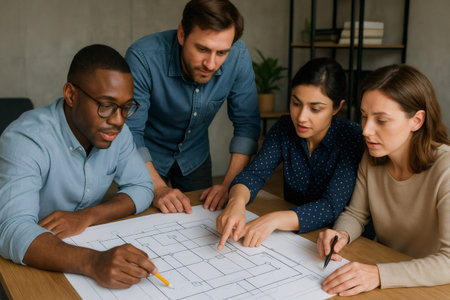 Business colleagues working together, outlining plans and discussing details on building project blueprints in an officeの素材