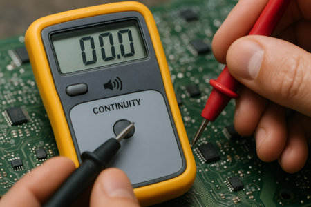 Hand holding a yellow multimeter, performing a continuity test on a green electronic circuit board with componentsの素材