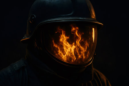 Firefighter displaying intense burning flames reflecting on the helmet visor, symbolizing danger, courage, and the heat of an emergencyの素材